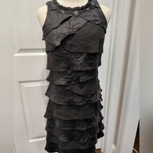 S.L. Fashions Black Tiered Ruffle Midi Dress Sz 6 ## 0594